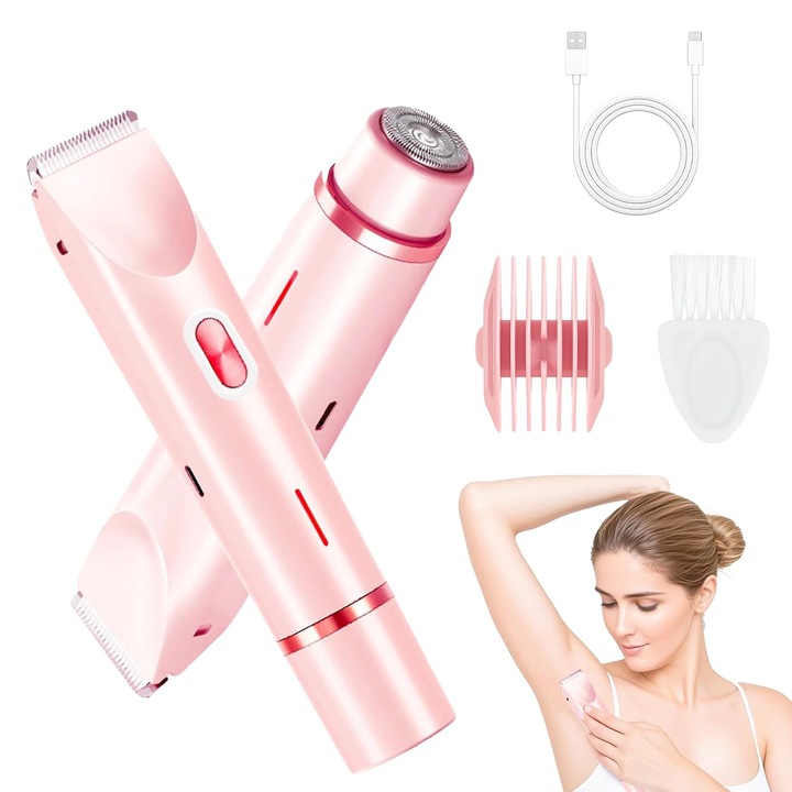 Női bikini trimmer, 2 az 1-ben elektromos borotva, IPX7 vízálló, könnyen tisztítható, 120 perc vezeték nélküli üzemidő (rózsaszín)