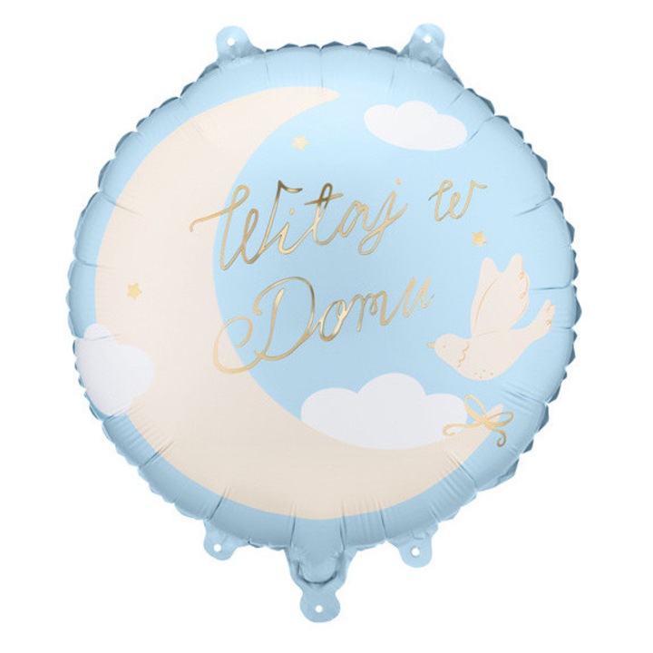 Balon din folie PARTYDECO Welcome Home, forma rotunda (pastila), poate fi umplut cu heliu sau aer, include pai pentru umflare, albastru deschis, 35 cm, 1 buc