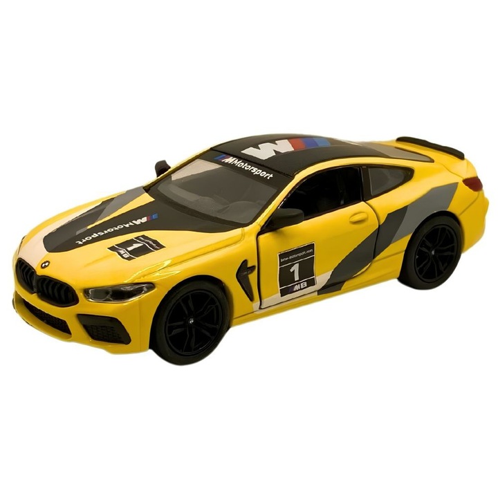 Kinsmart BMW M8 Competition Coupe modellautó, fém, sárga, 1:36 méretarány