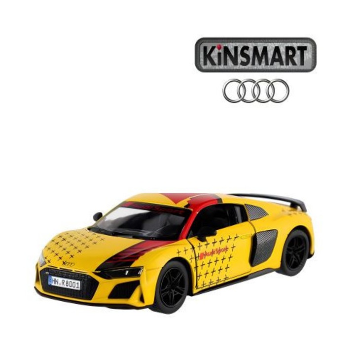 Kinsmart Audi R8 Coupe fém autómodell, sárga, 1:36 méretarány, Pull & Let Go mechanizmus, 162x77x72mm