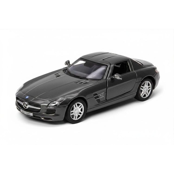 Kinsmart Mercedes-Benz SLS AMG fém autómodell, ezüst, 1:36 méretarány, "húzd hátra és engedd el" mechanizmus