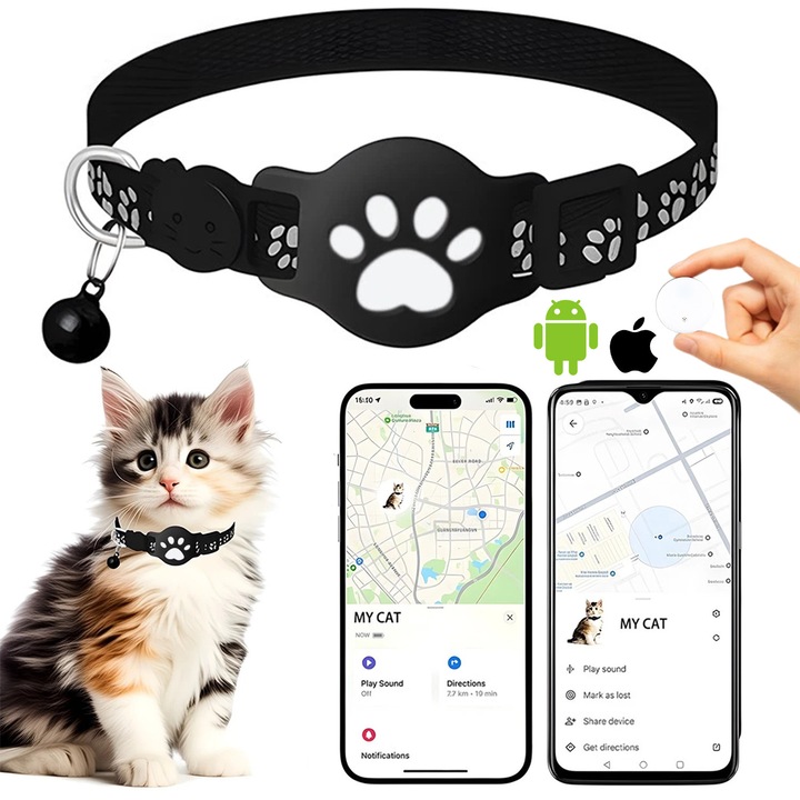 GPS тракер за домашни любимци, Bedee, Мини локатор за котки, Регулируем, Против изгубване, Водоустойчив, съвместим с iOS и Android, Проследяване в реално време, Издръжлив, Устройство за проследяване с нашийник, Черен