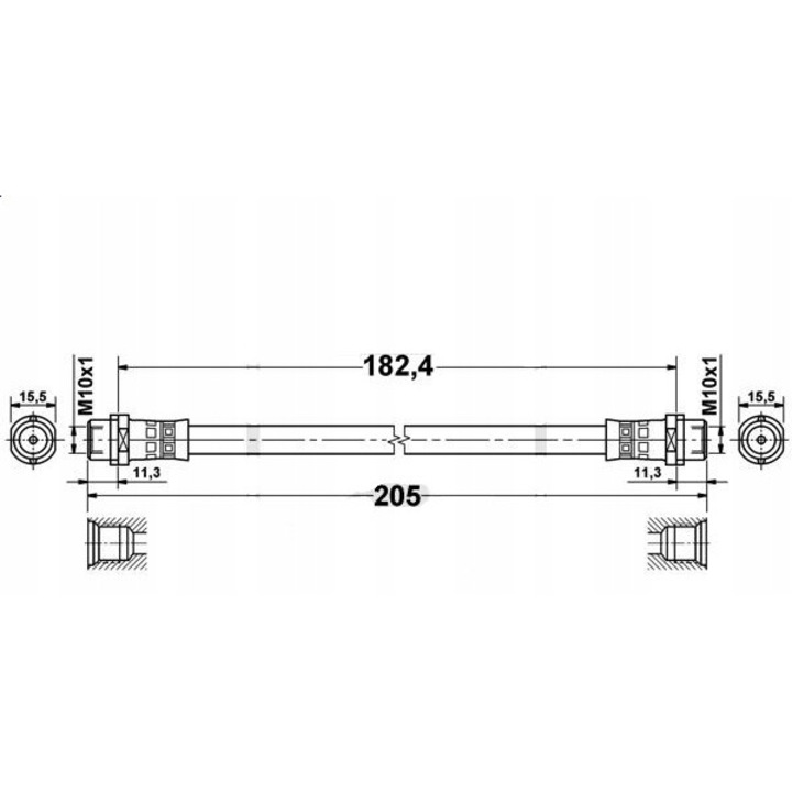 Rugalmas fékcső / fékvezeték PHU DONOCIK D4775, VW Passat B5 / Skoda Superb hátsó tengelyhez, gumi, belső M10x1 menet, hossz 205mm, fekete, 1 db