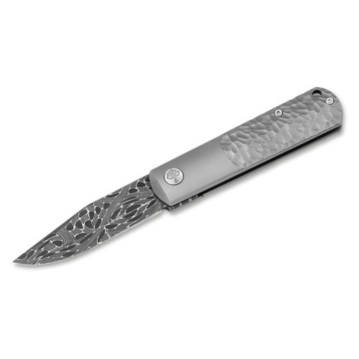Cutit, Boker, BRLW Meteorit Damasc, arta, lama de meteorit Damasc forjata manual, maner din titan, incuietoare pentru cadru, flipper, cutie, certificat de autenticitate, Solingen, obiect de
