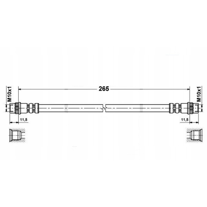 PHU DONOCIK D4765 rugalmas fékcső, gumi fékcső/vezeték, belső menet M10x1/M10x1, hossz 287mm, ellenáll -40°C/+120°C, Fekete, 1 db