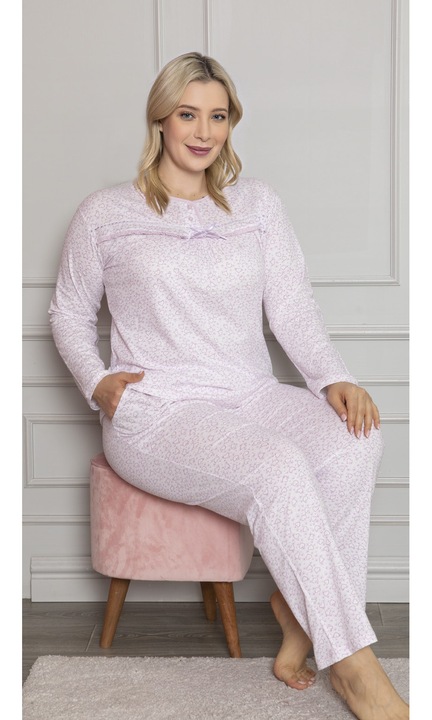 Női pizsama, 100% pamut, egyszínű, szívecskés, nagyméretű, lila - XL