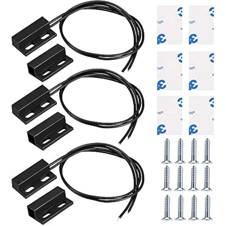 Senzor contact magnetic (reed switch) montaj pe suprafata, nc (normally closed), cu fir, detectare 10-15 mm, tensiune 1-100V, curent max. 0,5A, carcasa ABS, montaj adeziv/surub, negru, 3 buc