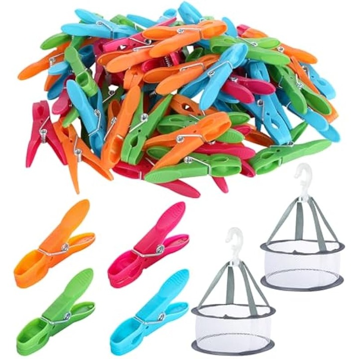 Cleme pentru rufe, cu 2 cosuri de uscare, din plastic durabil, antivant, multicolor, 60 buc