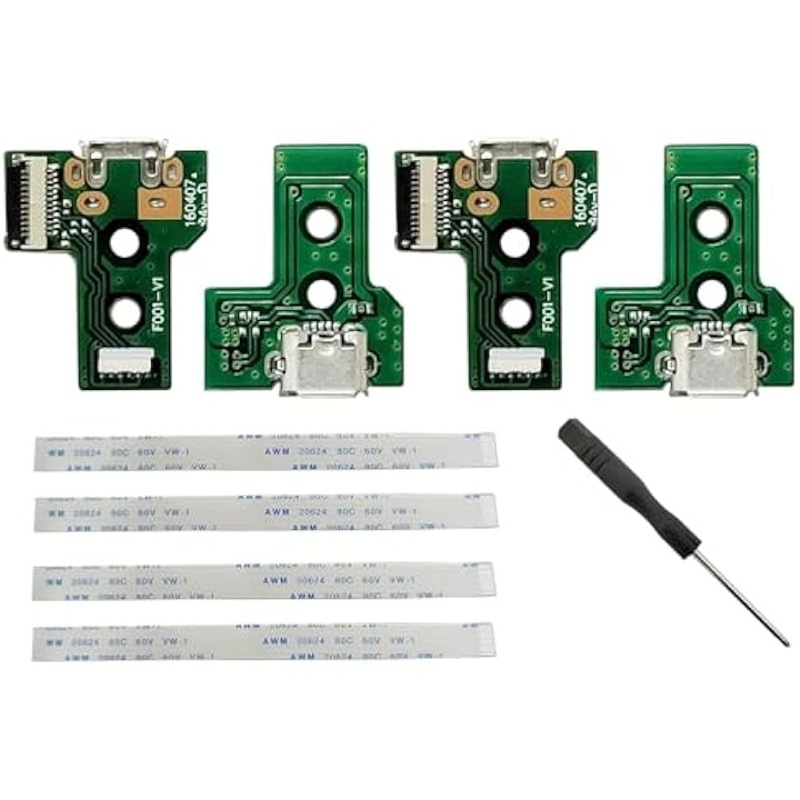 Placa interfata port de incarcare JdS-030 pentru controller PS4 DualShock 4, modul port micro USB cu cablu panglica 12 pini, compatibil PS4 Pro/Slim, Verde, 4 buc + surubelnita