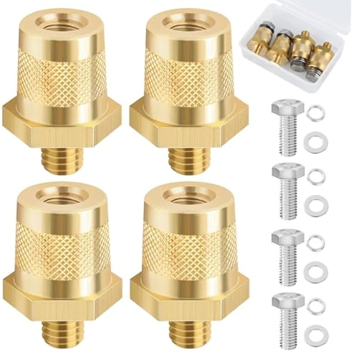 Adaptor terminal baterie M8 din alama solida, conector universal rezistent la coroziune, cu 4 suruburi inox si 8 saibe, cutie plastic, auriu, 2 perechi (4 buc)