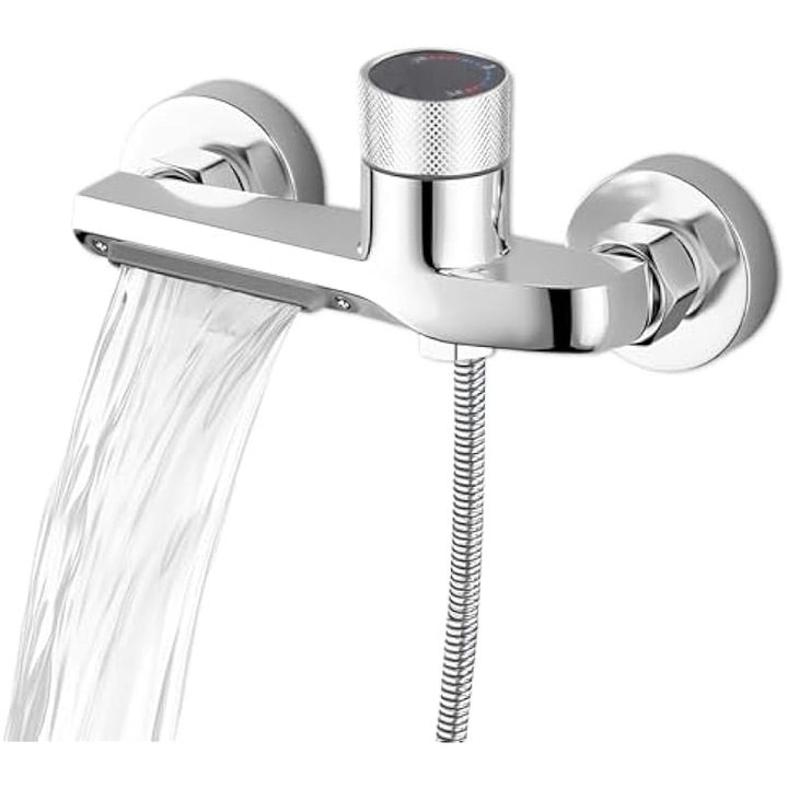 Baterie cada perete, robinet cada din alama cu corp ceramic, reglaj temperatura, functie duala cascada si dus de mana cu buton anti-alunecare, Argintiu mat, 1 buc