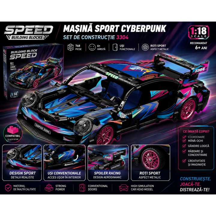 Építőjáték készlet, Sportautó Cyberpunk Speed Építőkockák, 1:18, funkcionális ajtók, verseny design, 6+, többszínű