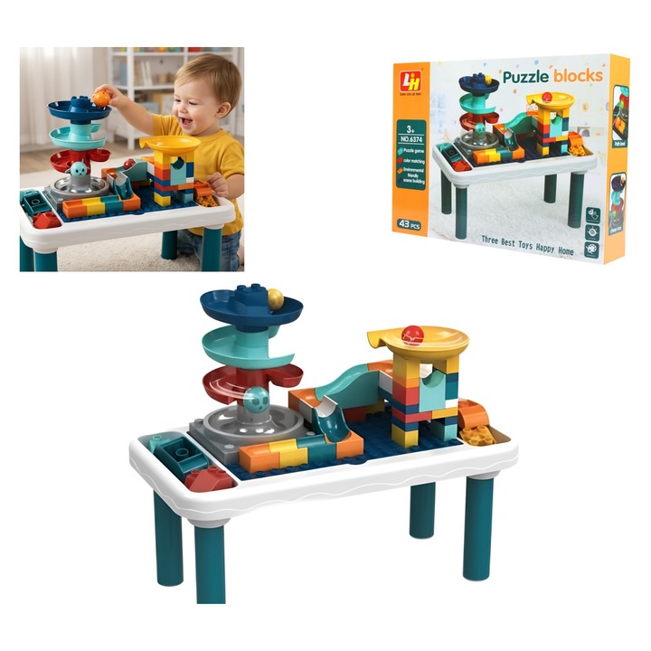 Jucarie / Set constructie copii 3+ ani, ANGMAD, 43 piese cu masuta activitati si circuit bile tip tobogan, blocuri colorate, joc educativ STEM, multicolor