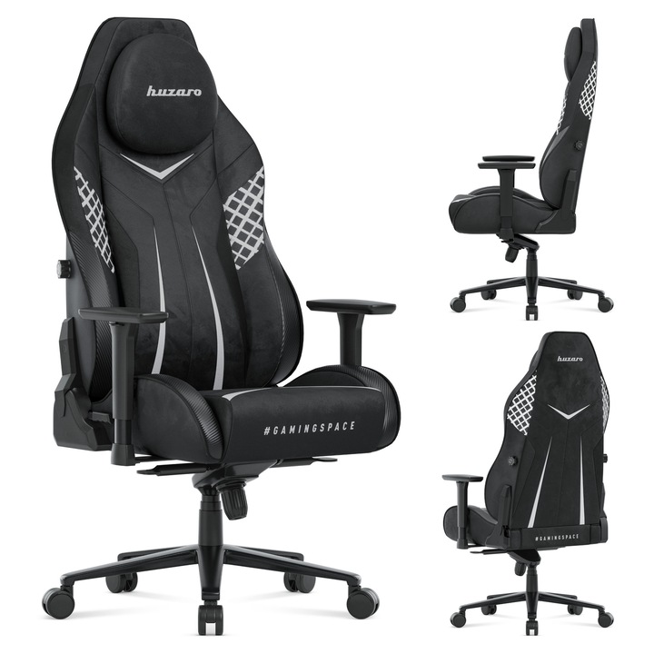 Gamer szék Huzaro Force 8.3 Black, Hasított bőr, 3D karfa, Állítható deréktámasz, Mágneses nyakpárna, UltraGravity mechanizmus, 90-180 fokban dönthető háttámla, Acélszerkezet, Carbon részletek, 130 kg teherbírás, Öntött hab, 49-55 cm ülésmagasság, Fekete