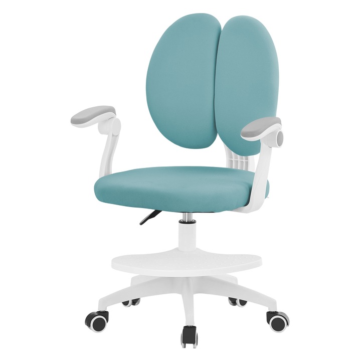 Scaun de birou pentru copii ML-Design inaltime reglabila 95-107 cm, verde petrol, scaun ergonomic rotativ 360° cu suport reglabil pentru picioare, spatar dublu si cotiere rabatabile, material textil respirabil, fotoliu, mobila pentru camera copilului