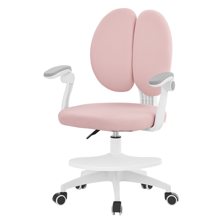 Scaun de birou pentru copii ML-Design inaltime reglabila 95-107 cm, roz, scaun ergonomic rotativ 360° cu suport reglabil pentru picioare, spatar dublu si cotiere rabatabile, material textil respirabil, fotoliu, mobila pentru camera copilului