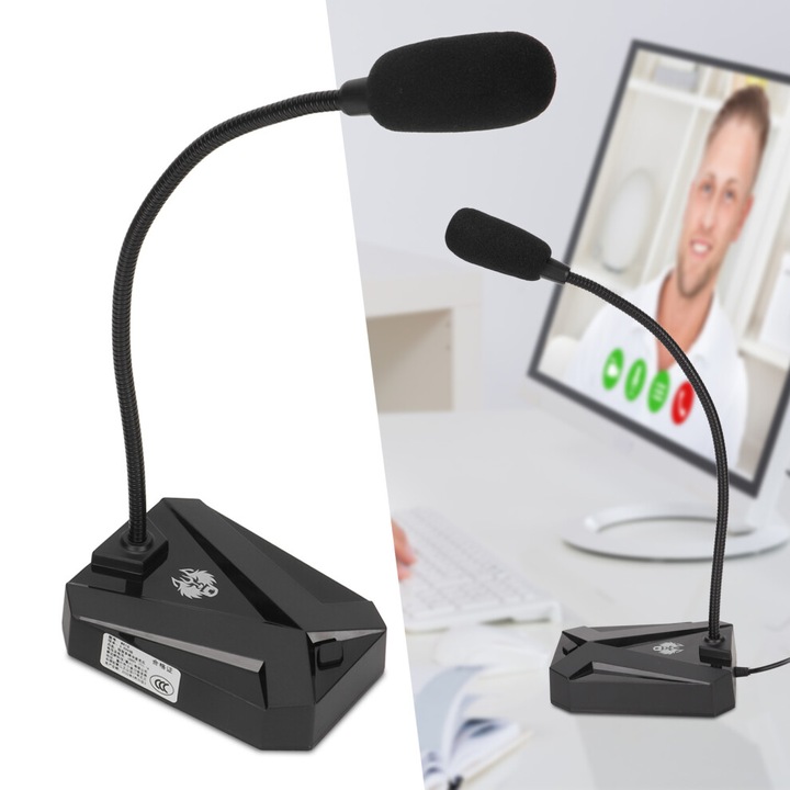 Microfon omnidirectional 3.5mm, microfon de birou, inalta sensibilitate, cu reducere a zgomotului si brat metalic flexibil, compatibil PC, laptop, karaoke, Negru, 1 buc