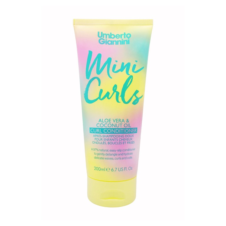 Gyengéd balzsam hullámos, göndör vagy nagyon göndör hajra, gyermekeknek, aloe verával és kókuszolajjal, Mini Curls, Umberto Giannini, 200 ml