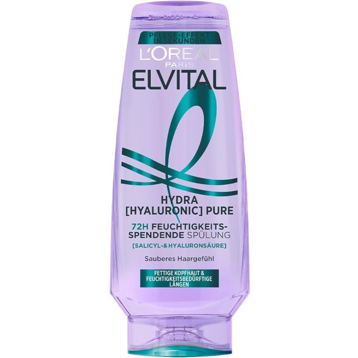 Balsam L'oreal Elvital cu acid hialuronic si salicilic, pentru scalp gras si lungimi deshidratate, 200 ml