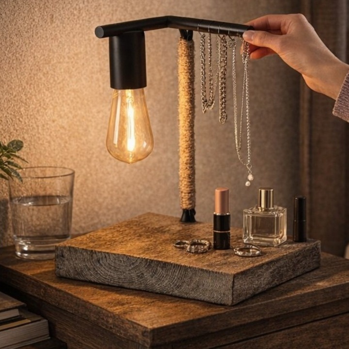 Lampa/Veioza decorativa cu suport bijuterii, OEM, model Handmade Rustic, lemn masiv, 20x25x32 cm, E27, negru/natur