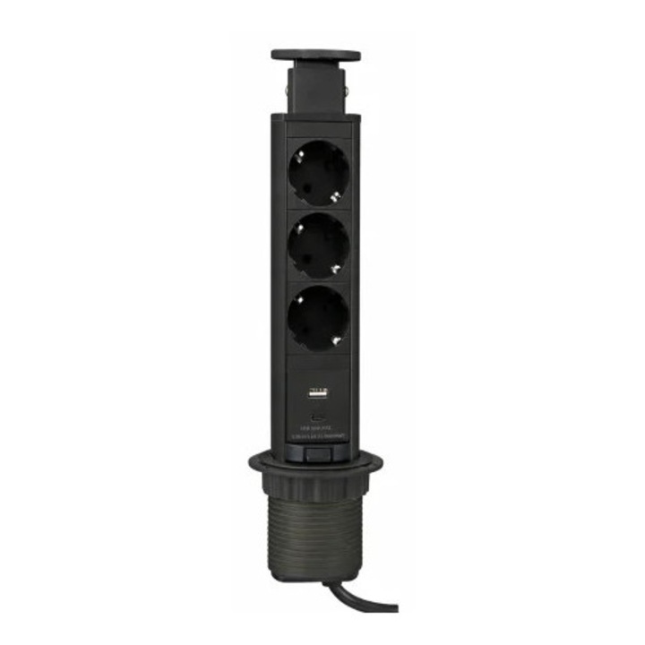 DesignLight Lift Box beépíthető konnektor, 3 db Schuko aljzattal, USB A + C, fekete, Ø 60 mm