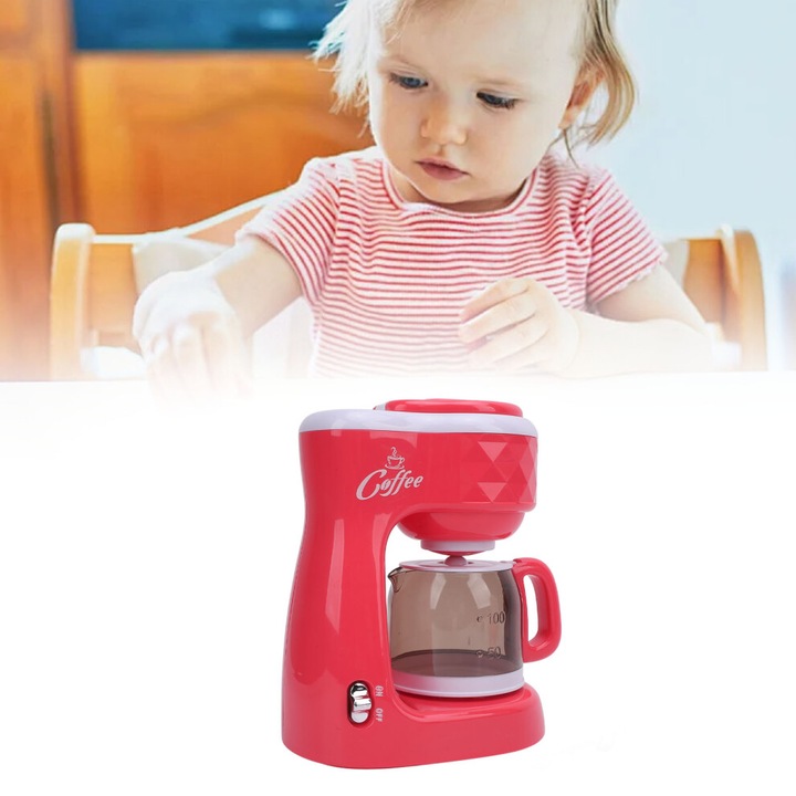 Espressor de jucarie realist, masina de cafea pentru copii din ABS, include cesti, rasnita si linguri, functioneaza cu 2 baterii AA, rosu, 1 buc