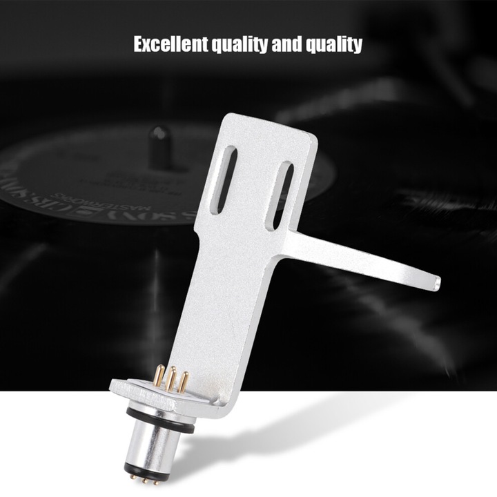 Headshell pentru pick-up/gramofon, compatibil cu majoritatea cartuselor phono, pini placati cu aur, include cabluri si suruburi, argintiu, 1 bucata