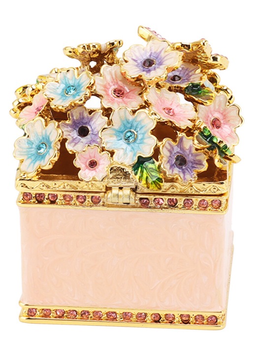 Cutie de bijuterii vintage din aliaj de zinc, cu cristale incrustate, model floral, Multicolor, 1 buc