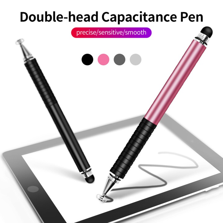 Pix stylus capacitiv cu doua capete, varf cu disc transparent si varf fin pentru precizie, corp metalic durabil, gri, 1 buc