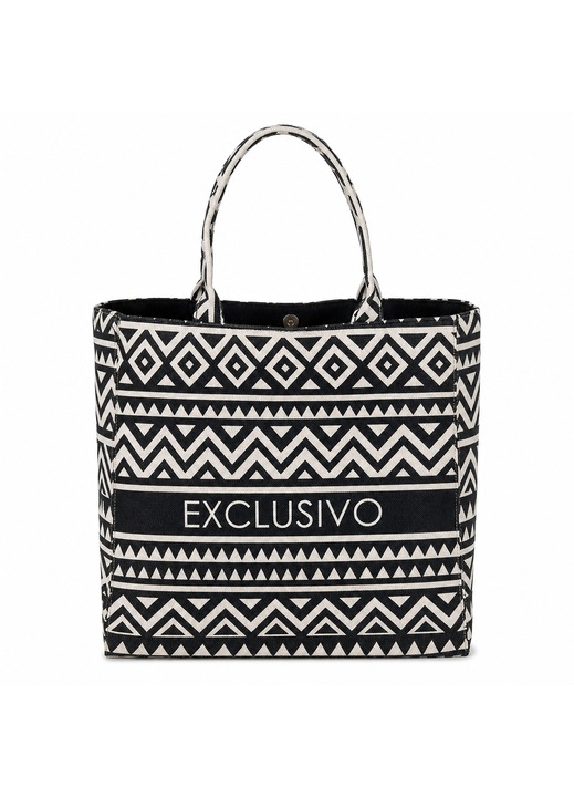 Geanta De Umar Pentru Femei Cu Imprimeu Etnic Alb Negru Manere Duble Capsa 40x17x34 cm