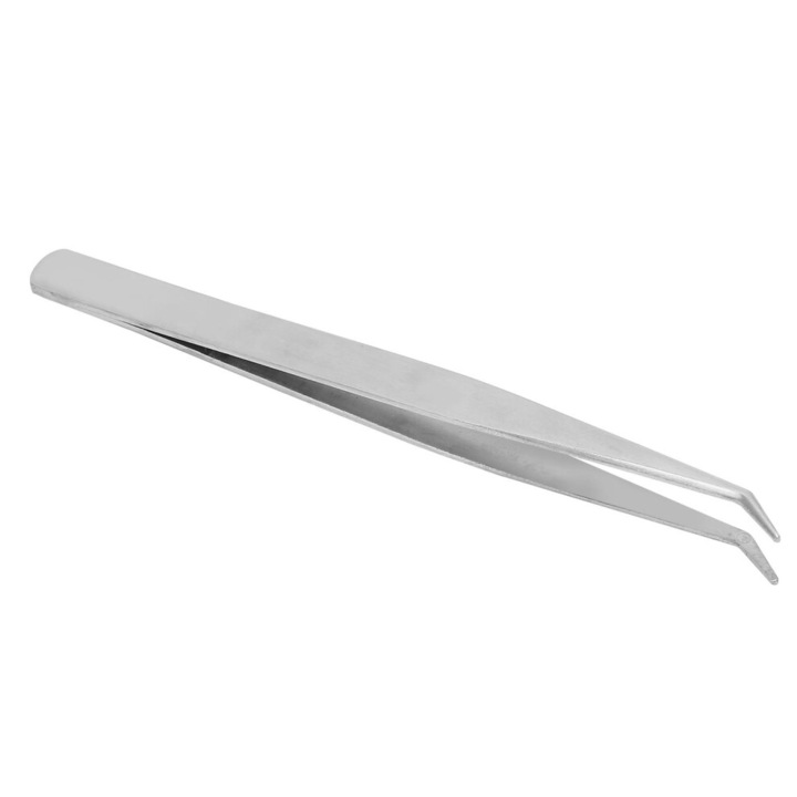 Penseta aplicator pentru gene false, din otel inoxidabil rezistent la rugina, varf curbat 45° pentru aplicare precisa, argintiu, 1 buc