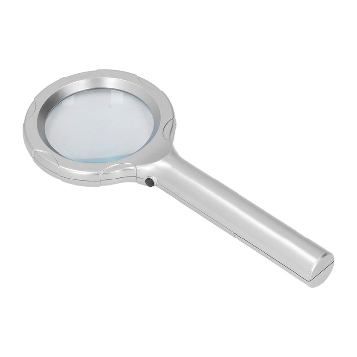 Lupa manuala, lupa cu LED, marire 4x, lentila sticla optica 60 mm, 6 LED-uri, portabila, argintiu