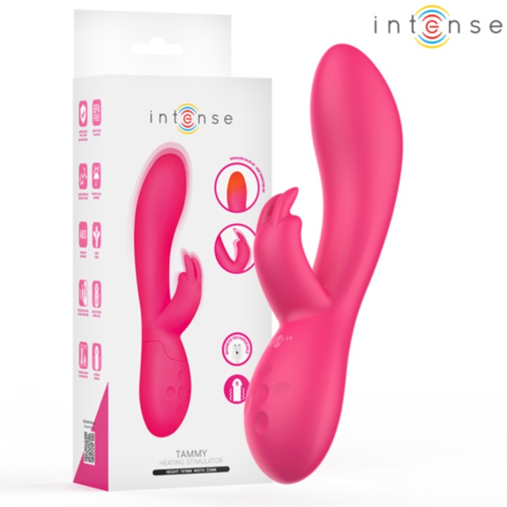 Vibrator Rabbit Intense Tammy, Silicon Medical, Functie de Incalzire, Stimulare Duala G-Spot si Clitoris, 10 Moduri, Waterproof, Reincarcabil USB, Roz
