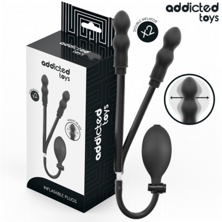 Plug Anal Dublu Gonflabil Addicted Toys Model 1, Silicon Medical, Expansiune Ajustabila, Pompa Manuala, Negru