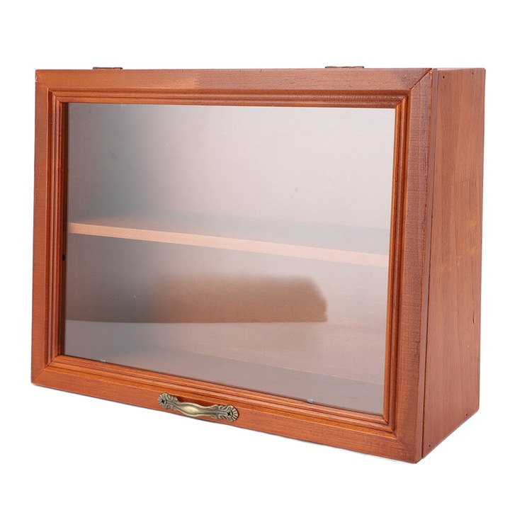 Etajera din lemn, vitrina freestanding 2 niveluri, multifunctionala pentru birou si baie, cu geam frontal, maro