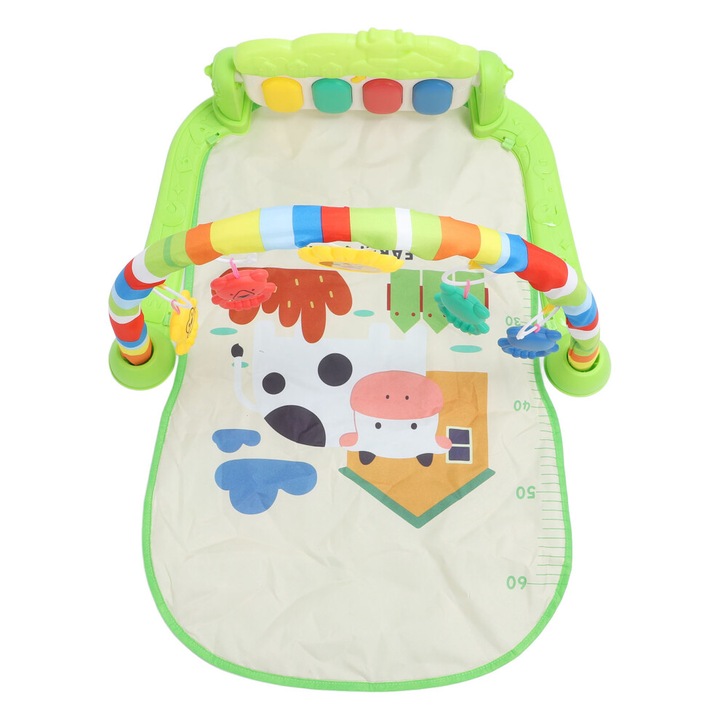 Salteluta de joaca pentru bebelusi, covoras activitati cu pian si muzica, cu 5 clopotei detasabili, pliabila, Multicolor, 77x48x40 cm