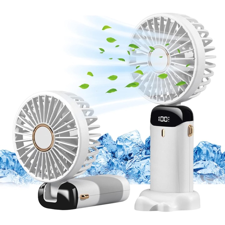 Ventilator portabil/mini ventilator USB reincarcabil, 5 trepte, pliabil 90°, baterie 800mAh autonomie 8-15 ore, afisaj led, grila detasabila, alb