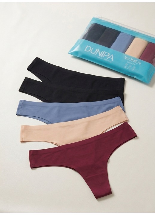 Set 5 perechi chiloti tanga dama DUNIPA, fara cusaturi, taiere laser, invizibili, microfibra, Multicolor, Visiniu/Negru/Albastru inchis/Bej