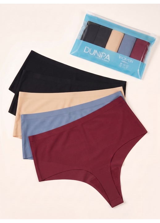 Set 5 perechi chiloti tanga cu talie inalta dama DUNIPA, fara cusaturi, taiere laser, invizibili, microfibra, Multicolor, Visiniu/Negru/Albastru inchis/Bej