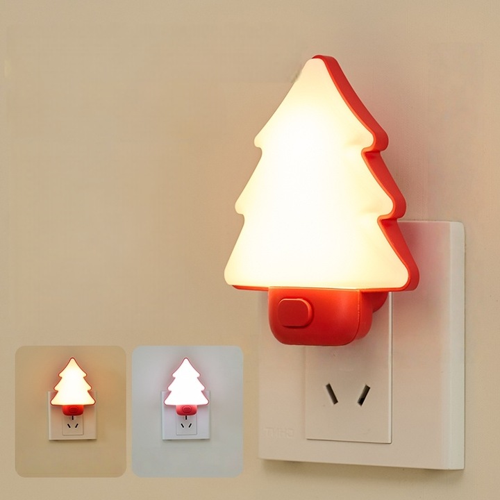 Dissefa-tech Lampa de noapte LED in stil scandinav minimalist, forma Brad de Craciun rosu, lumina reglabila dual (cald / natural), alimentare prin priza, design cu buton – cadou festiv