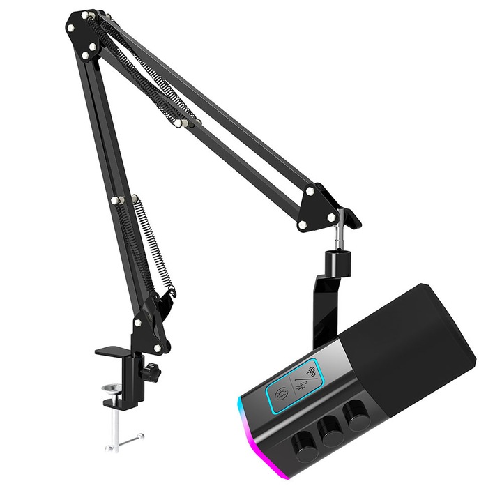 Sharpdo Professzionális Mikrofon Boom Kar Állvánnyal, USB Csatlakozás, XLR Támogatás, Háttérzaj Csökkentés, Streaming, Gaming, Podcast, Kardioid, Gyors Némítás Funkció, RGB Világítás, Kompatibilis Windows, Mac, Android, iOS, PS4/5