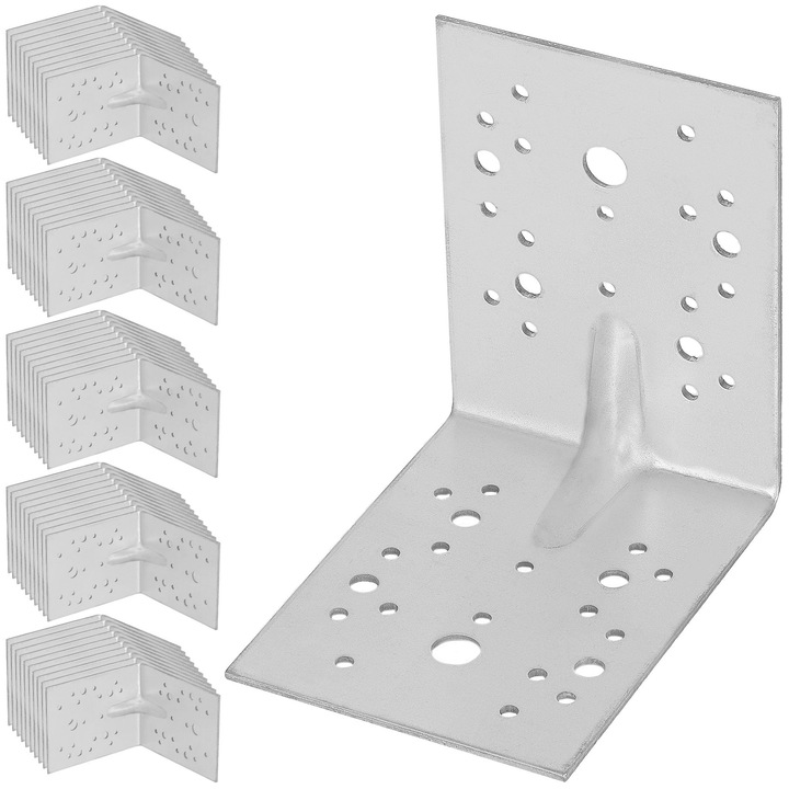 KOTARBAU® 50 броя фиксираща планка, поцинкована стомана, 130 x 130 x 100 мм, сребриста, метална ъглова армировка, подсилена фиксираща планка, 90 градуса