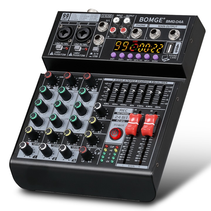 Mixer audio digital Profesional 4 canale BOMGE BMG-04A, 99 efecte DSP, Bluetooth, USB, alimentare 48V, XLR out, Inerface audio, Placa de sunet, EQ 7 benzi, Potrivit pentru petreceri profesionale de inregistrare, Microfon PC Inregistrare, DJ, KTV si scena