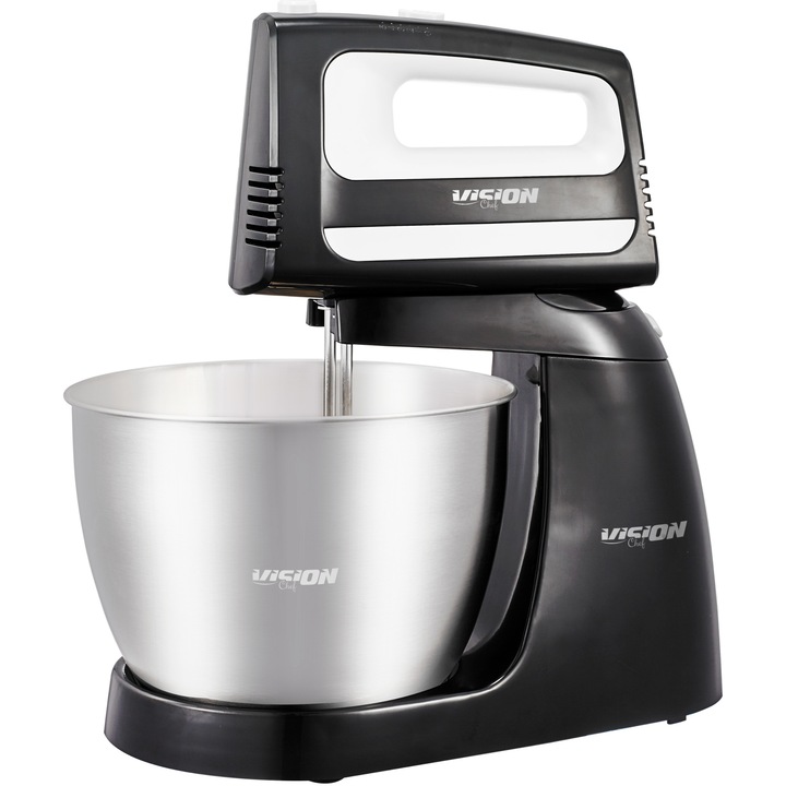 Миксер Vision Chef VMBSS450W01, 450 W, 5 степени + Турбо, Подвижна купа от неръждаема стомана 2L, Мултифункционален, Черен/Сребрист