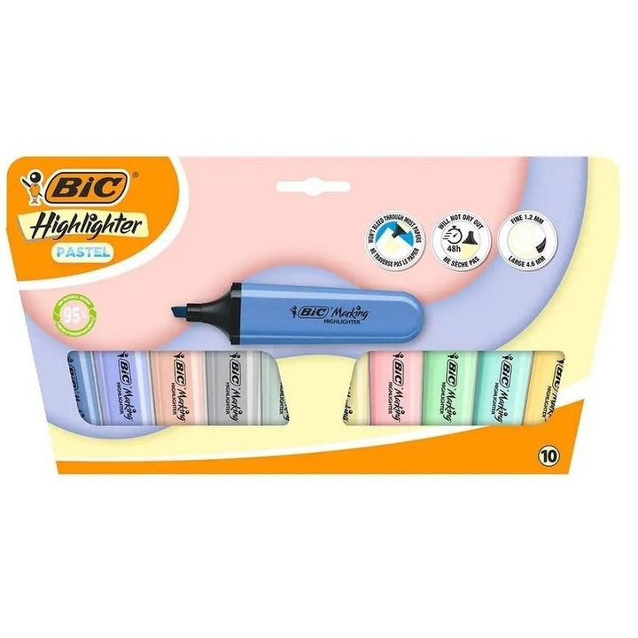 Комплект 10 текстмаркери BIC Marking Flat Pastel, плосък връх 1.2/4.6 mm, устойчиви на изсъхване 48h, Многоцветни