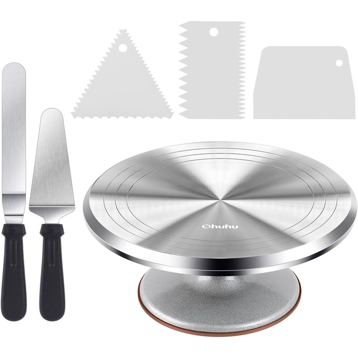 Suport rotativ plat pentru tort, turnant din aliaj de aluminiu, set cu 2 palete unghiulare si 3 raclete de aluat