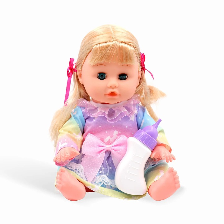 Papusa interactiva D-Toys Alice, cu sunete de bebelus si biberon, bea apa, 3+ ani