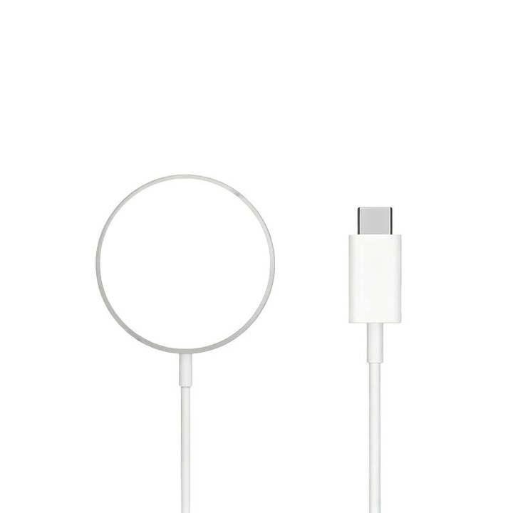 Mágneses vezeték nélküli töltő, 15W, USB-C, fehér, kompakt
