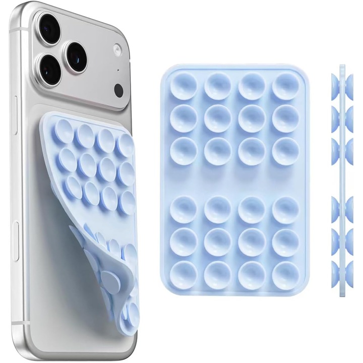 Telefon tartó dupla tapadókoronggal, újrahasználható szilikon, kék, 6.1-7.2 inch