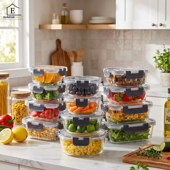 Set de 12 Caserole Elindor® din Sticla, Recipiente Ingrediente pentru Bucatarie, pentru Alimente Uscate, Recipient pentru Depozitare Zahar, Cafea, Paste, Cereale, Capac Etans, Potrivit pentru Congelator, Transparent